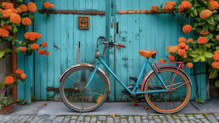Vintage blue bicycle leaning against a turquoise wooden gate adorned with vibrant orange flowers, evoking a charming rustic scene.