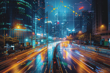 Obraz premium Financial chart graph shining in the city with business and blurred night scene in the background.