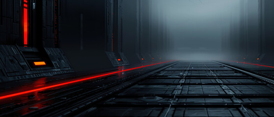 Obraz premium A dark, empty room with red lights on the floor