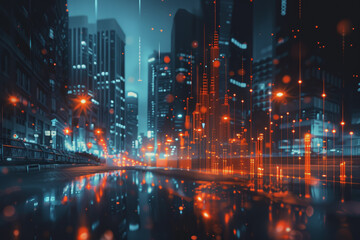 Financial chart graph shining in the city with business and blurred night scene in the background.