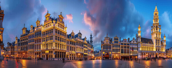 Obraz premium Brussels - Grand Place The ornate and historic buildings of Brussels’ Grand Place, with their golden details and intricate architecture, glowing under the evening lights 
