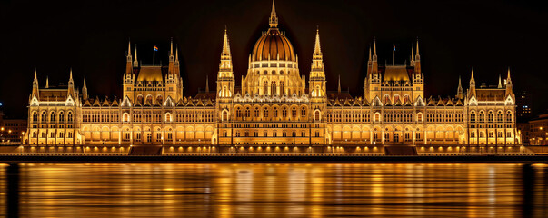 Obraz premium Budapest - Parliament Building The magnificent Hungarian Parliament Building on the banks of the Danube River, illuminated under the night sky, reflecting in the water below
