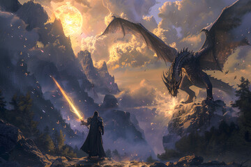 A high-resolution illustration of a dragonborn paladin standing before a radiant dragon, with a sword raised high and holy light shining, set in a majestic landscape