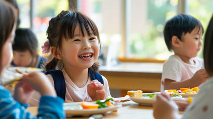 食堂で食事をとっている楽しそうな様子の日本人の子ども