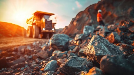 Industrial mining site with heavy machinery and rocky terrain at sunset