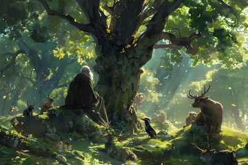 A high-resolution illustration of a firbolg druid communing with nature, surrounded by forest animals and ancient trees, set in a serene, magical glade 