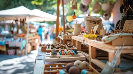 Outdoor market with handmade crafts on display in wooden boxes