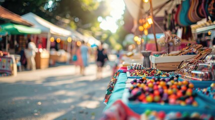 Outdoor market with colorful candy display and blurred shoppers