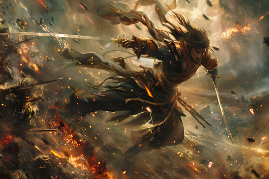 A high-resolution illustration of a human fighter with two swords, striking a dynamic pose, with enemies in the background and a battlefield filled with chaos