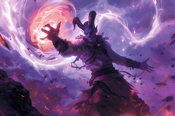 A high-resolution illustration of a tiefling warlock summoning a fiendish creature, with dark magic swirling and a sinister grin, set in a hellish landscape