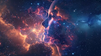 Fototapeta premium Ethereal female face blended with cosmic, starry background