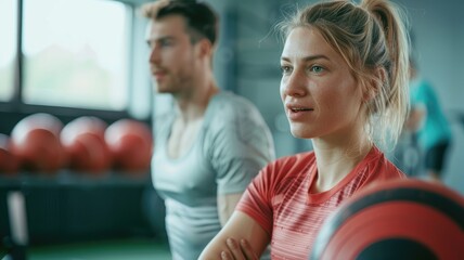 Two individuals working out in gym, with focus on woman holding medicine ball