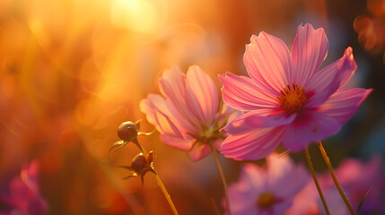 A beautiful cosmos flower in sunset background : Generative AI