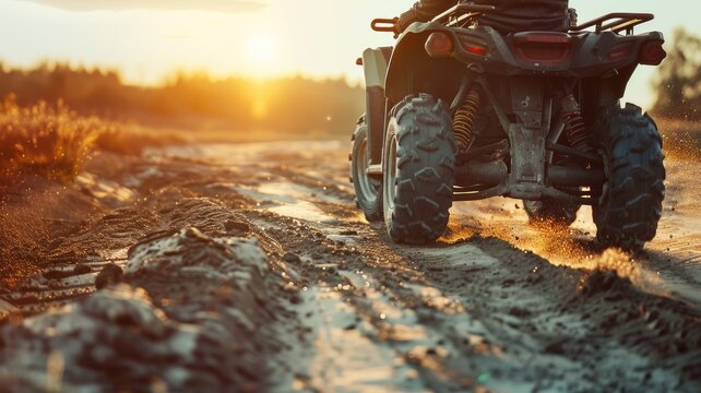 Person riding ATV on muddy trail at sunset
