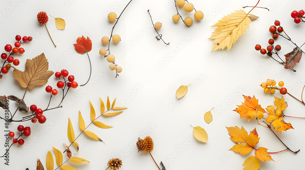 Poster autumn composition dried leaves flowers rowan berries on white background autumn fall thanksgiving d