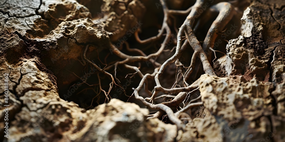 Poster exploring the intricate root network in a sinkhole wall through macro photography. concept macro pho
