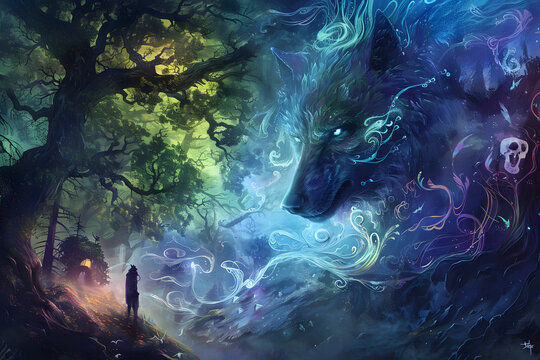 A vibrant illustration of a druid shapeshifting into a wolf, with mystical energy and forest surroundings, set in a wild, untamed landscape 