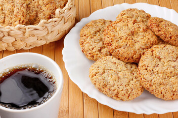Homemade peanut butter cookies baked on wooden breakfast table