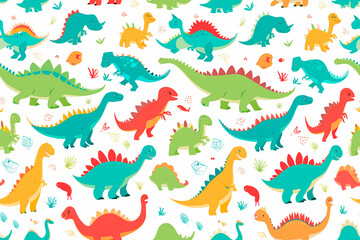 Cute dinosaur pattern featuring various colorful dinosaurs with playful expressions on a white background. Includes trees, plants, and dinosaur footprints, creating a whimsical prehistoric scene.