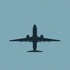 Fototapeta premium A minimalistic silhouette of an airplane in flight against a clear blue sky. Perfect for airlines and travel agencies. Generative AI