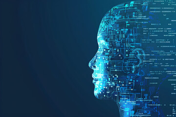 A digital art piece combining the silhouette of an AI head with binary code