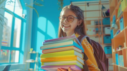 Smiling Girl Holding Books in Bright Classroom - Generative AI