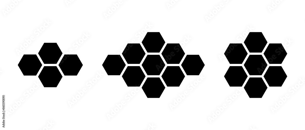 Poster honeycomb bee icon set in generic style. hexagonal beehive concept