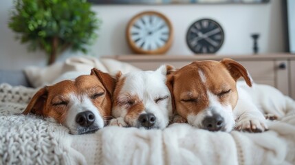 close up of three cute little dogs sleeping on a white soft chair in a room, wall painting, wall clock, green tree vase.