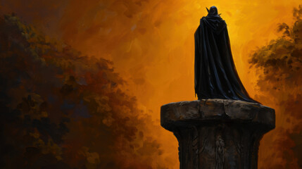 A painting of a man in a black cloak standing on a stone pillar