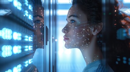 Woman with Facial Recognition Interface - Generative AI