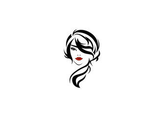 Vector illustration of a black and white silhouette of a girl's face with long hair	