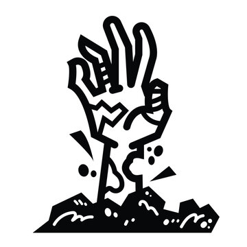 recommend clip art: Fragile and wounded zombie hand coming out from ground icon illustration with black outline isolated on square white background. Simple flat halloween monster themed cartoon art styled drawing.