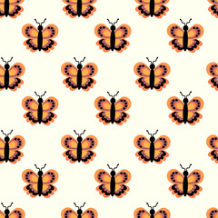 Seamless Pattern with orange butterfly. Abstract ornament design wings. Insect wallpaper. Vector illustration background.