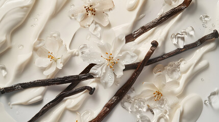 Dried vanilla sticks with flowers in dairy splashes close up on a white background : Generative AI