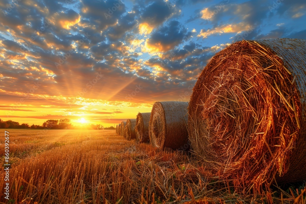 Poster a field of hay bales with the sun setting in the background. the hay bales are arranged in a row and
