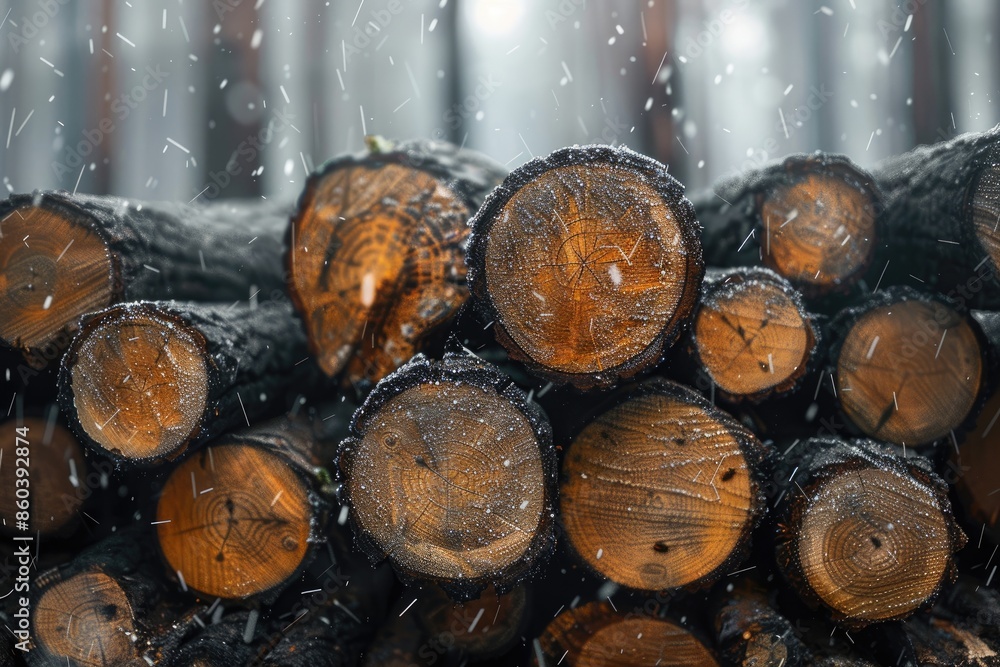 Poster a pile of logs with snow on them. the logs are stacked in a way that they are leaning on each other.