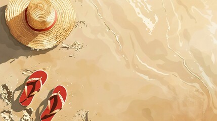 Obraz premium Vector depiction of a summer beach vibe with flip flops and a straw hat laid on sand, seen from above, designed with generous copy space for creative additions