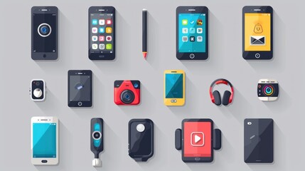 Fototapeta premium Detailed 2D icons of various mobile devices such as a smartphone a tablet an e-reader and a stylus pen Each icon is modern and sleek perfect for app interfaces and digital content