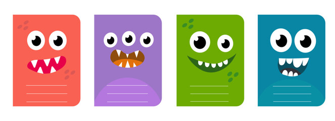 Cute kids monster cover design for notebooks, planners, brochures, children books. Vector flat cartoon printable illustration