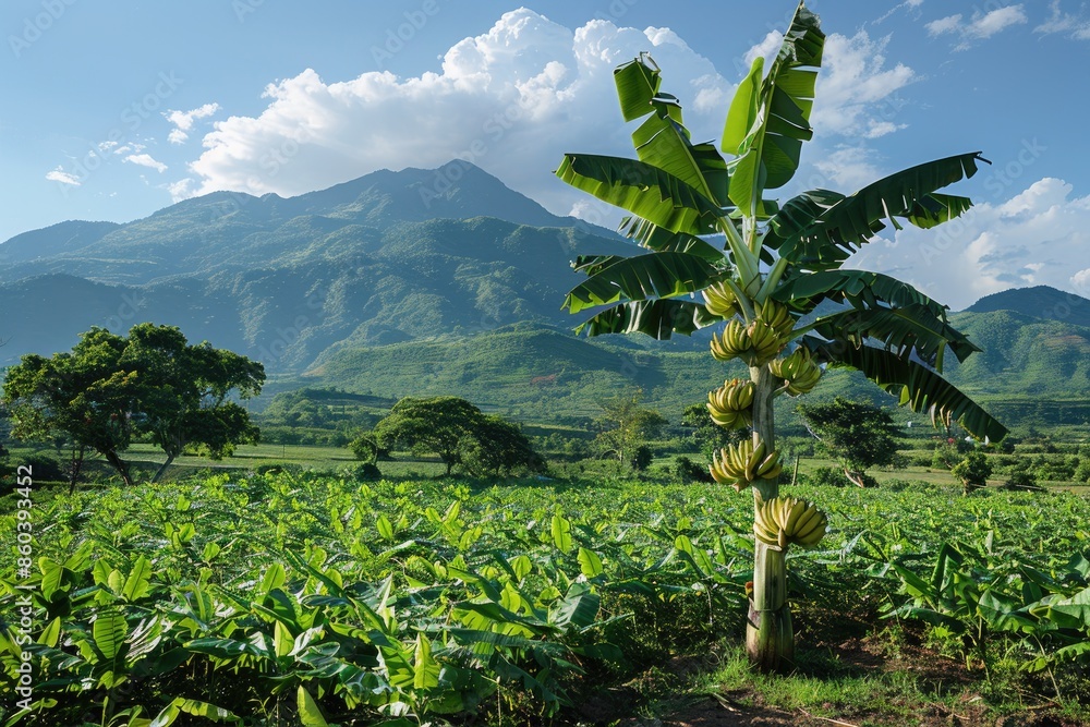 Poster a banana tree is growing in a field with mountains in the background. concept of serenity and natura