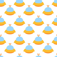 Alien yellow spaceship, spacecrafts and UFO Seamless Pattern. Cosmic ship in form saucer for transportation. Children design. Vector cartoon flat illustration.