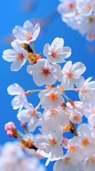 Fototapeta premium Delicate White Cherry Blossoms Blooming Against a Vibrant Blue Sky