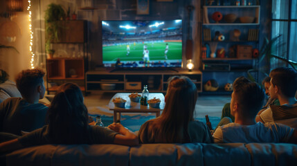 Obraz premium Friends relaxing on a comfortable couch, watching a football game on tv in a cozy living room, enjoying drinks and snacks together