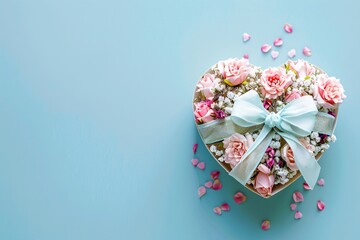 Heart shaped box filled with pink roses and baby's breath rests on a blue surface with scattered rose petals