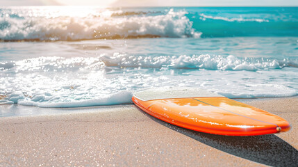 Surfer enjoying a wave on a sunny beach with surfboards and boats in the background