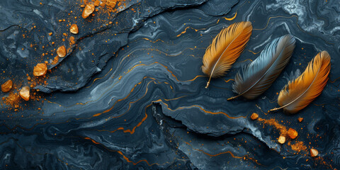 panel wall art, wall decoration, marble background with feather designs