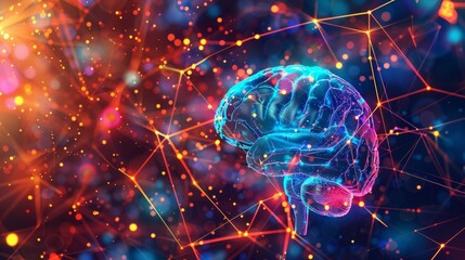 Vibrant background with abstract brain and network connections, showcasing the intricate link between neuroscience and digital networks. 