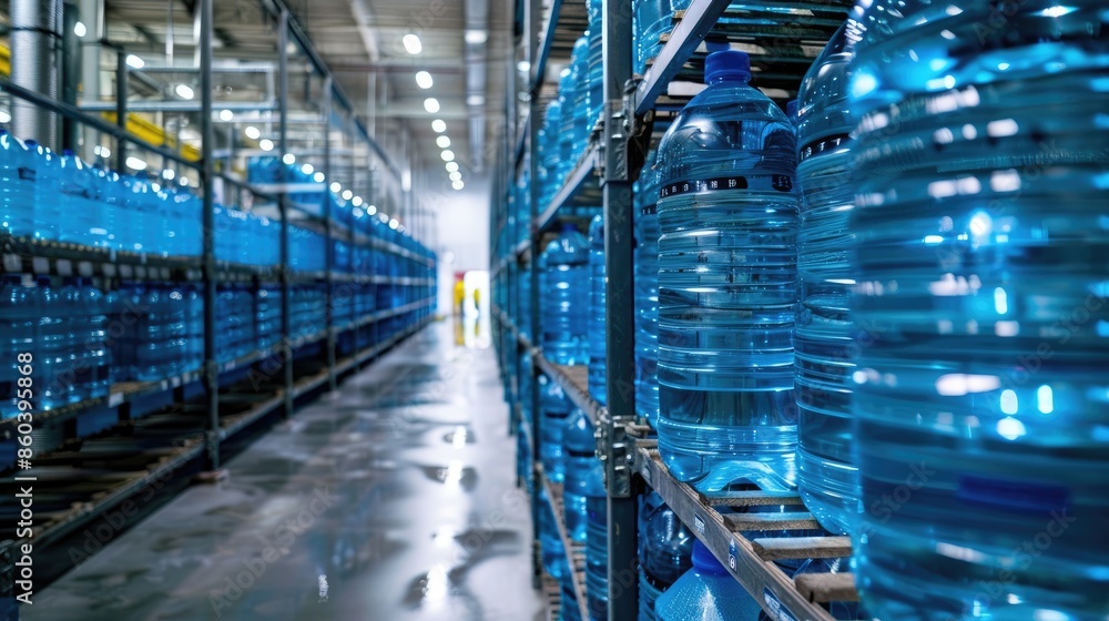 Poster a row of blue water bottles on a shelf. the bottles are all the same size and color