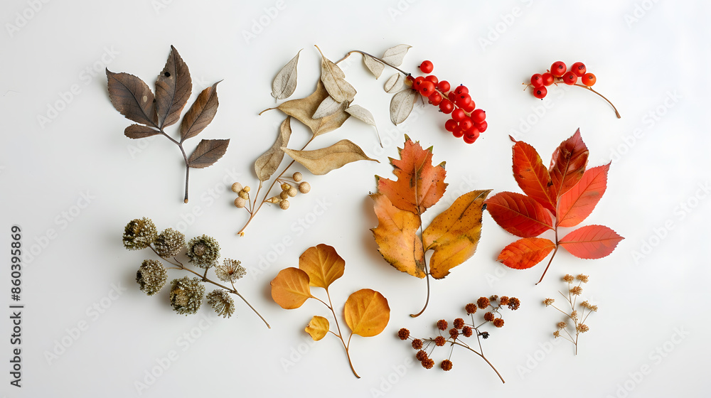 Poster autumn composition dried leaves flowers rowan berries on white background autumn fall thanksgiving d