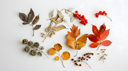 Autumn composition Dried leaves flowers rowan berries on white background Autumn fall thanksgiving day concept Flat lay top view copy space : Generative AI